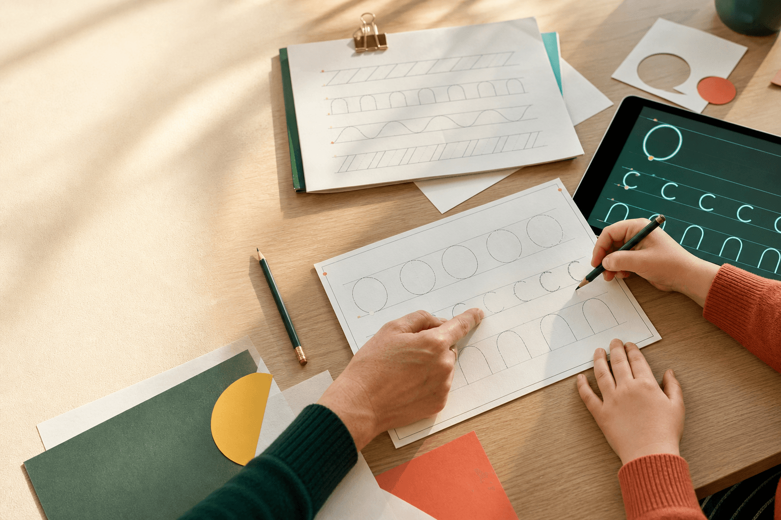 An educator and learner arranging handwriting practice beside an interactive writing path