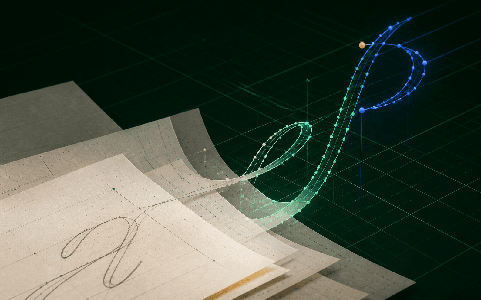Paper worksheet structures transforming into a measured digital writing path