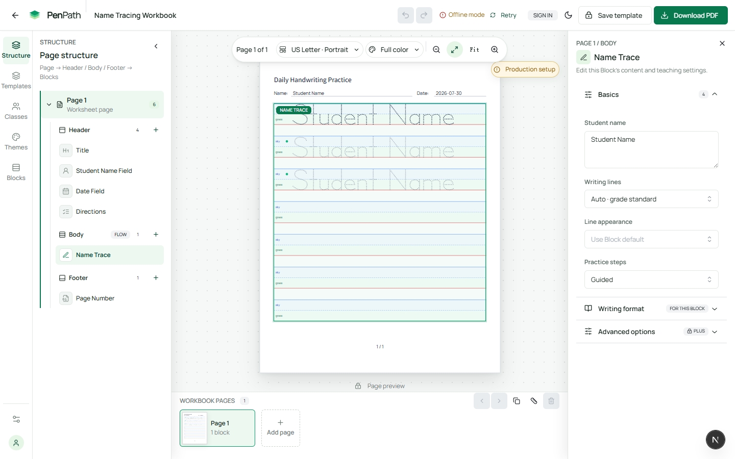 PenPath Studio showing a name tracing worksheet, page structure, and editing controls